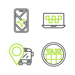 Poster - Set line Taxi car roof, Location with bus, Laptop call taxi service and City map navigation icon. Vector