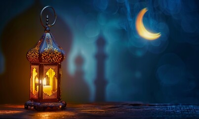 Ramadan advertising background concept, glowing lantern, crescent moon, mosque, copy space