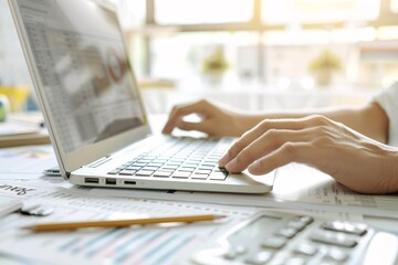 Poster - A financial advisor's desk with a laptop displaying tax software, tax documents, and the advisor's hands gesturing, with space for text.