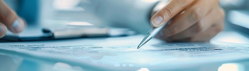 Poster - close-up of a financial advisor's hand highlighting a section on a tax form while discussing with a 