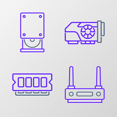 Poster - set line router and wi-fi signal, ram, random access memory, video graphic card and optical disc dri
