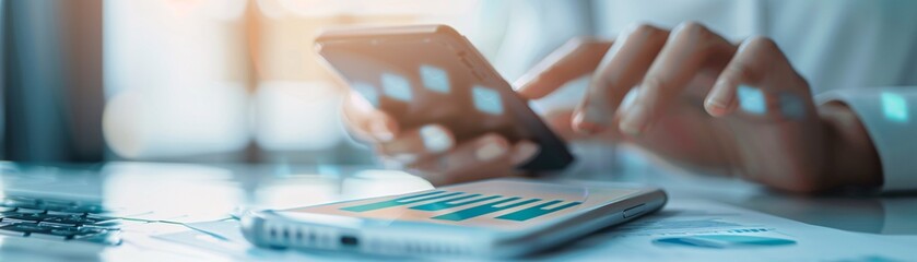 Poster - hands of a financial advisor using a smartphone to explain tax information to a client, with the scr