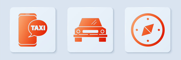 Sticker - Set Car, Taxi call telephone service and Compass. White square button. Vector