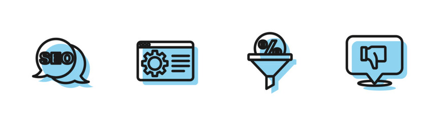 Poster - Set line Lead management, SEO optimization, Browser setting and Dislike speech bubble icon. Vector
