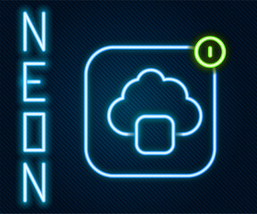 Poster - Glowing neon line Cloud technology data transfer and storage icon isolated on black background. Colorful outline concept. Vector