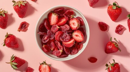 Canvas Print - Fresh and Dried Strawberries on Pink Background