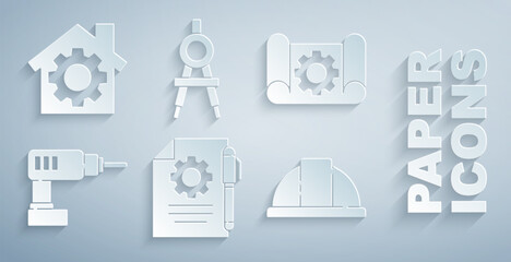 Poster - Set Document settings and pen, Graphing paper gear, Electric drill machine, Worker safety helmet, Drawing compass and House with icon. Vector