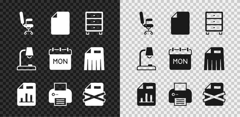 Poster - set office chair, file document, archive papers drawer, document with graph chart, printer, delete f
