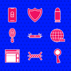 Poster - Set Flasher siren, Barbed wire, Old key, Social network, Website template, Car with remote, Bullet and Mobile closed padlock icon. Vector