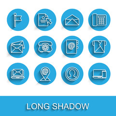 Poster - Set line Laptop with envelope, Location and mail and e-mail, marker, Create account screen, Monitor phone, Telephone, Envelope and Address book icon. Vector