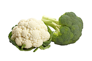 Wall Mural - A Crisp Contrast: White Cauliflower and Green Broccoli on a White Background on a White or Clear Surface PNG Transparent Background.