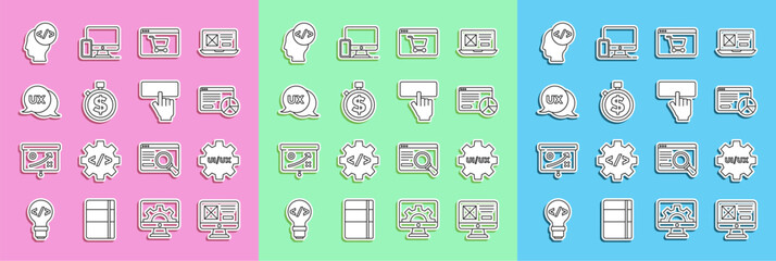 Poster - set line ui or ux design, website statistic, online shopping on screen, time money, front end develo