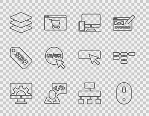 Poster - Set line Web development, Computer mouse, Monitor and mobile, Front end, Layers, UI UX design, Site map and icon. Vector