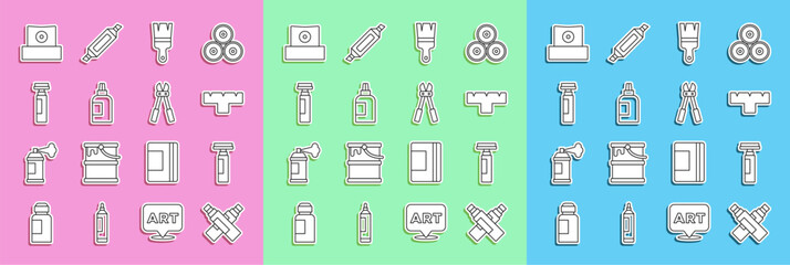 Poster - Set line Marker pen, attachment, Paint brush, Paint, gouache, jar, dye, Spray can nozzle cap and Bolt cutter icon. Vector