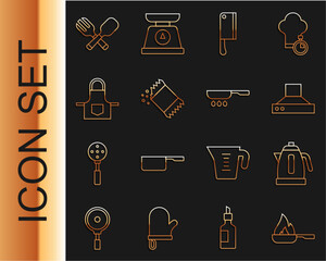 Wall Mural - Set line Frying pan, Electric kettle, Kitchen extractor fan, Meat chopper, Packet of pepper, apron, Crossed fork and spoon and icon. Vector