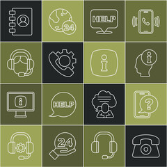 Poster - set line telephone 24 hours support, information, speech bubble with text help, woman headset, addre