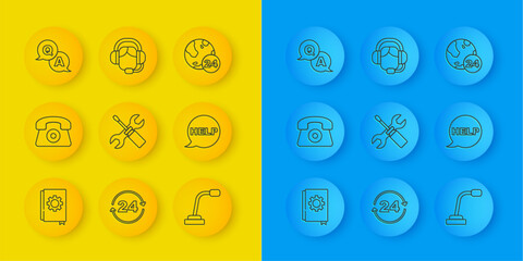 Poster - Set line User manual, Telephone 24 hours support, Screwdriver and wrench spanner, Microphone, Speech bubble with text Help, Question Answer, and Woman headset icon. Vector