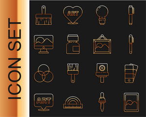 Poster - set line graphic tablet, palette, pen, light bulb, paint, gouache, jar, dye, computer monitor screen