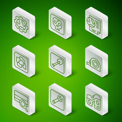 Poster - Set line Geological fault, Wrench spanner, Gear wheels and earth, Shovel, Gold nugget, Archeology, Soil analysis and Roulette construction icon. Vector
