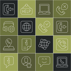 Poster - set line telephone 24 hours support, handset, outgoing call, laptop, worldwide, headphoneswith setti