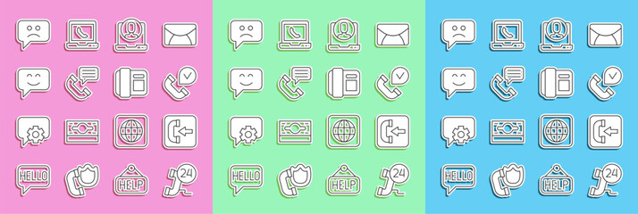 Poster - Set line Telephone 24 hours support, Incoming call, handset, conversation, Smile face, Sad smile and icon. Vector