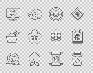 Wall Mural - Set line Yin Yang symbol, Jar of honey, Chinese Yuan currency, Peach fruit or nectarine, Lotus flower, New Year and icon. Vector