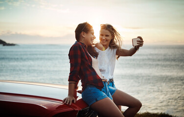 Poster - Road trip, selfie and women with friendship by car for social media post, memory or photograph. Beach, holiday and female people with happiness for adventure, travel or explore in California