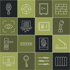 Wall Mural - Set line Garden fence wooden, Parking car barrier, Police electric shocker, Safe, Paper shredder, Eye scan, Car key with remote and icon. Vector