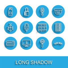 Wall Mural - Set line Credit card, Lock on computer monitor, Fire extinguisher, Magnifying glass Search, Thief eye mask, and key, Server, Data, Web Hosting and Binary code icon. Vector