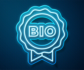Poster - glowing neon line banner, label, tag, logo for bio green healthy food icon isolated on blue backgrou