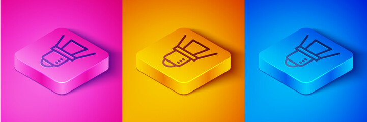 Poster - Isometric line Movie spotlight icon isolated on pink and orange, blue background. Light Effect. Scene, Studio, Show. Square button. Vector