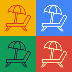 Wall Mural - Pop art line Sunbed icon isolated on color background. Beach umbrella and Sun lounger. Vector