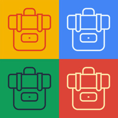 Poster - Pop art line Hiking backpack icon isolated on color background. Camping and mountain exploring backpack. Vector