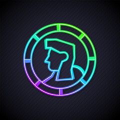 Poster - Glowing neon line Ancient coin icon isolated on black background. Vector