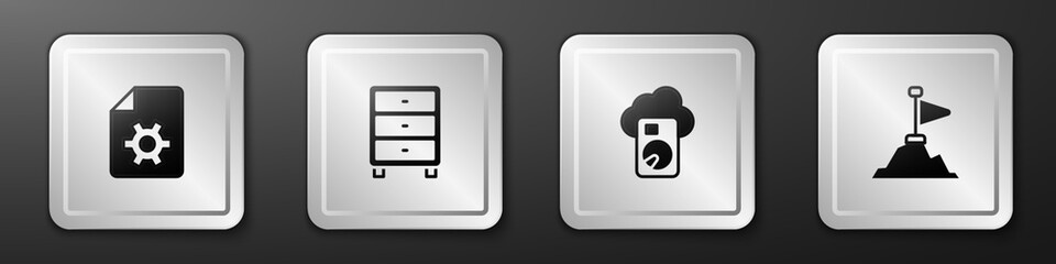 Poster - Set Document settings, Archive papers drawer, Cloud database and Mountains with flag on top icon. Silver square button. Vector
