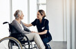 © ReeseArcurs/peopleimages.com - Senior woman, nurse and help with support for healthcare, empathy or trust in elderly care or retirement at home. People, caregiver and touching person with a disability for comfort, love and smile