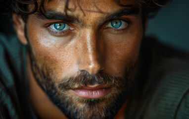 Canvas Print - A man with dark hair and a beard leans against a brick wall, looking directly at the camera with a serious expression