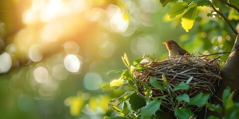 Poster - Peaceful Bird s Nest Tucked in Lush Green Tree  Environmental Conservation Concept