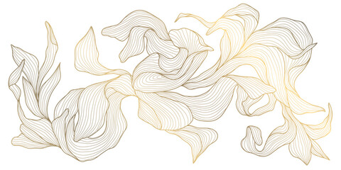 Wall Mural - Vector line floral texture, gold leaf ornament, Japanese dynamic luxury decor element. Modern graphic botanical drawing.