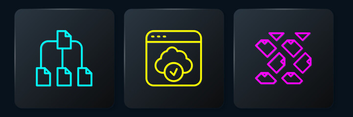 Aufkleber - Set line Folder tree, Data stream and Cloud technology data transfer. Black square button. Vector