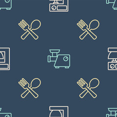Poster - Set line Electric mixer, Crossed fork and spoon and Kitchen meat grinder on seamless pattern. Vector