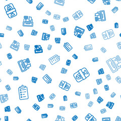 Poster - Set line Shopping list, Fish plastic tray container and Cash register machine on seamless pattern. Vector
