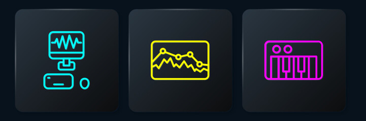 Poster - Set line Music recording studio, synthesizer and wave equalizer. Black square button. Vector