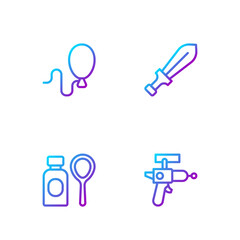 Wall Mural - Set line Ray gun, Soap bubbles bottle, Balloons and Sword toy. Gradient color icons. Vector