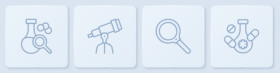 Poster - Set line Test tube, Magnifying glass, Telescope and Medicine pill. White square button. Vector