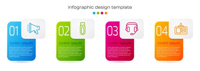 Poster - Set line Megaphone, USB flash drive, Headphones and Identification badge. Business infographic template. Vector