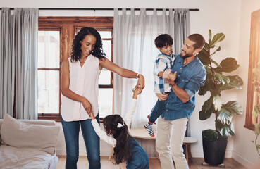 Sticker - Dance, happy family and music in home for love, support and birthday celebration in living room. Parents, kids and movement together for trust, relationship development and energy for weekend fun