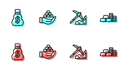 Poster - Set line Gold mining, Old money bag, bars hand and coin with gold icon. Vector