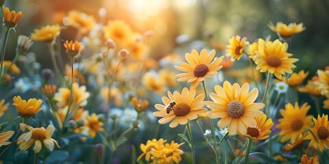 Canvas Print - Bee Pollinating Colorful Flowers in a Lush Garden Environment