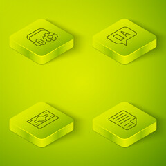 Poster - Set Isometric line Question and Answer, Stacks paper money cash, File document and Headphoneswith settings icon. Vector